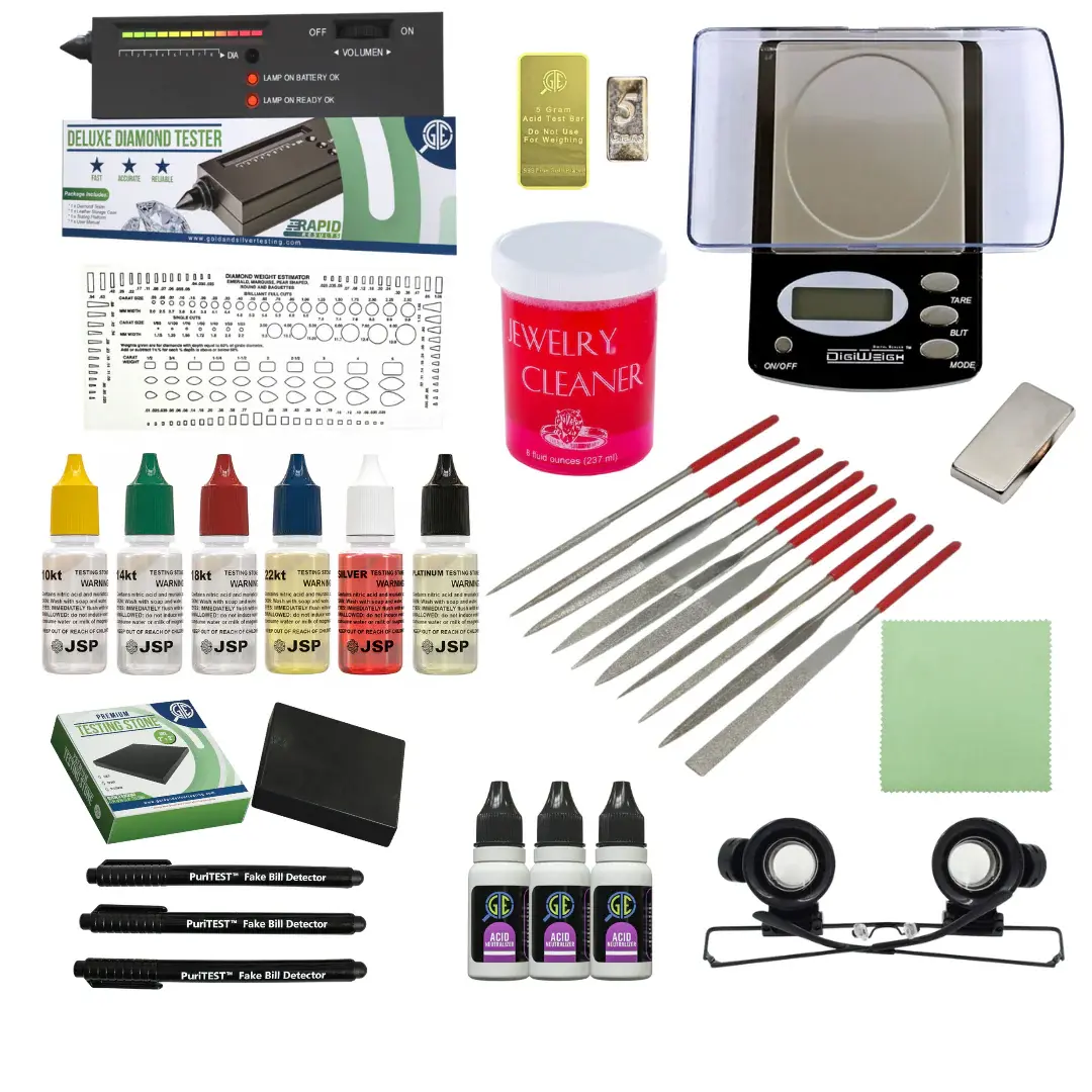 Jewelry Appraisal & Counterfeit Money Detector Kit, 0.1g Accuracy Measuring Tool Set for Gold, Silver, Platinum Testing - Includes Scale, Diamond Tester, 30X LED Magnifier, 20X Magnifying Eyeglasses, Rare Earth Magnet, Jewelry Cleaner for Traveling