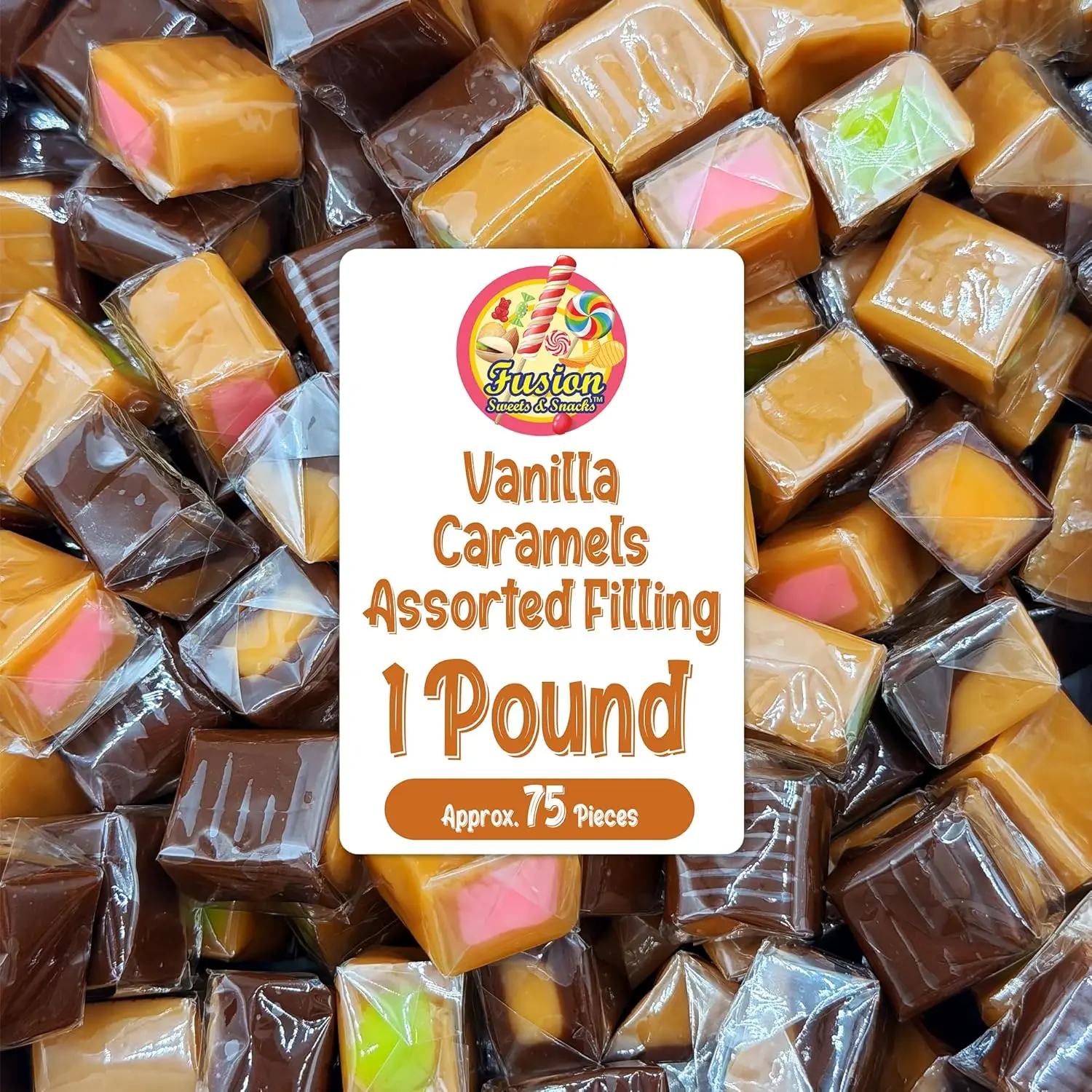 Caramel Candy Mix Assorted Filling – 1 Pound, Individually Wrapped Soft Sweets with Filled Centers – Chewy Caramels, Flavored Caramel Cubes – Perfect For Parties, Events, Candy Tables, & More