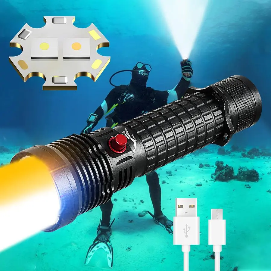 Portable Diving Flashlight, Diving Lamp, Type-C Rechargeable Scuba Flashlight, Professional Underwater 30m Diving Torch, Suitable for Diving and Fishing in Different Water Areas, Diving Gear