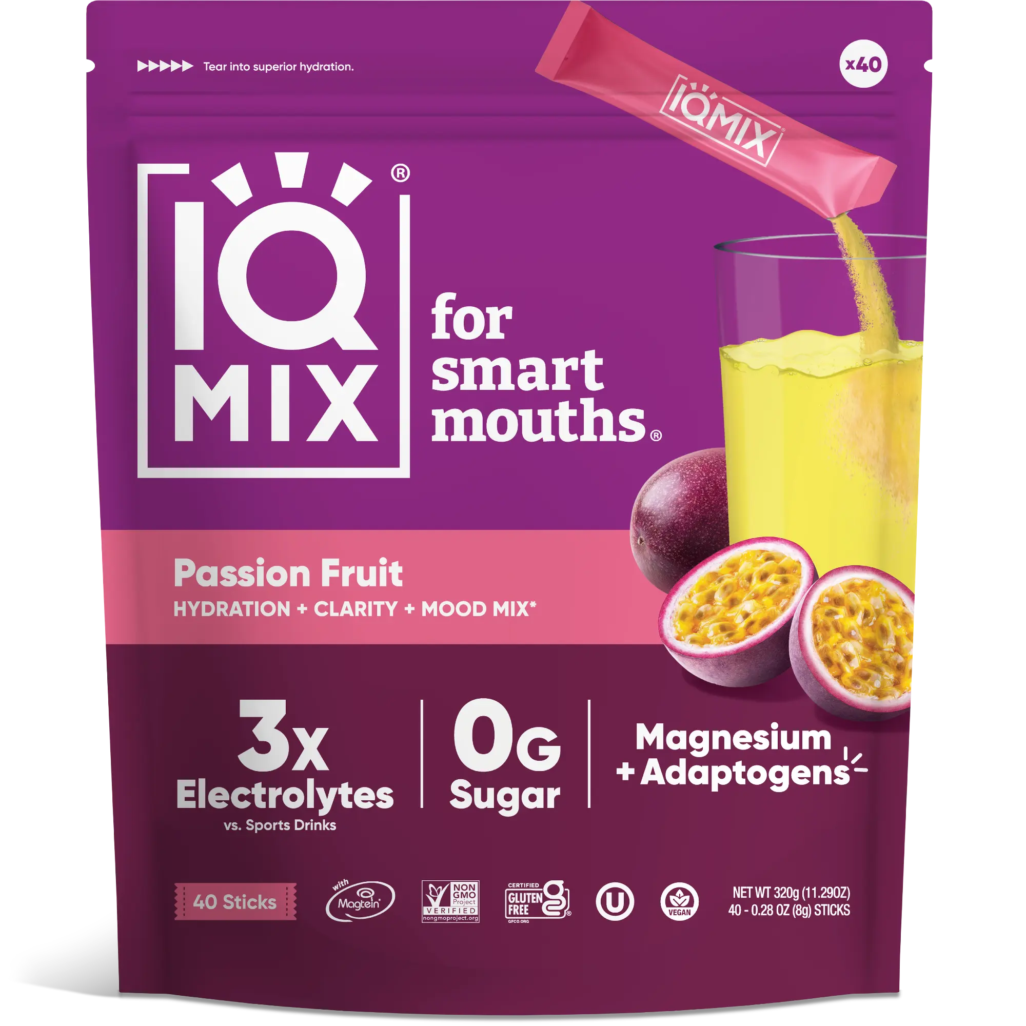 IQMIX Passion Fruit Drink Mix (40 Sticks) – Sugar Free Tangy & Exotic Fruit Flavor - Electrolytes Powder Packets - Hydration Supplement Drink Mix