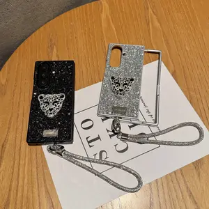 Cute Leopard Head Phone Case with Hand Strap, Silver Color Protective Cover for Samsung Galaxy Z Fold 7/6/5, Fashionable Women's Smartphone Case