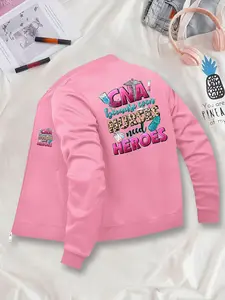 Women's Graphic Aesthetic Zipper Jacket, Casual Everyday Fitted Kint Fabric, Autumn Winter Layering, Hero Pattern Baseball Collar Coat Outerwear