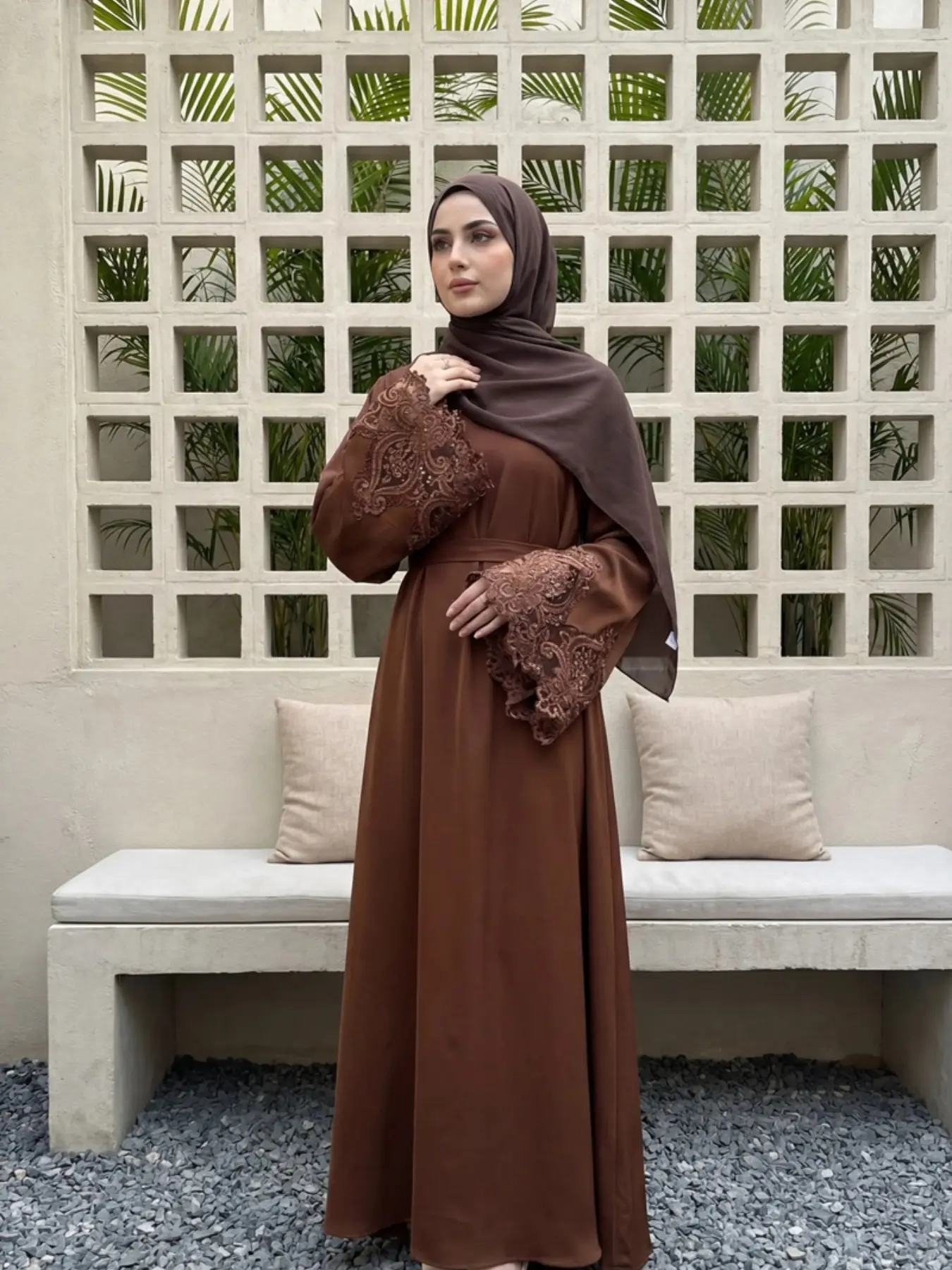 Elegant Hand Embroidered Lace Modesty Belted Abaya Dress, Simple Fashionable One-Piece for Daily Wear, Casual Prayer