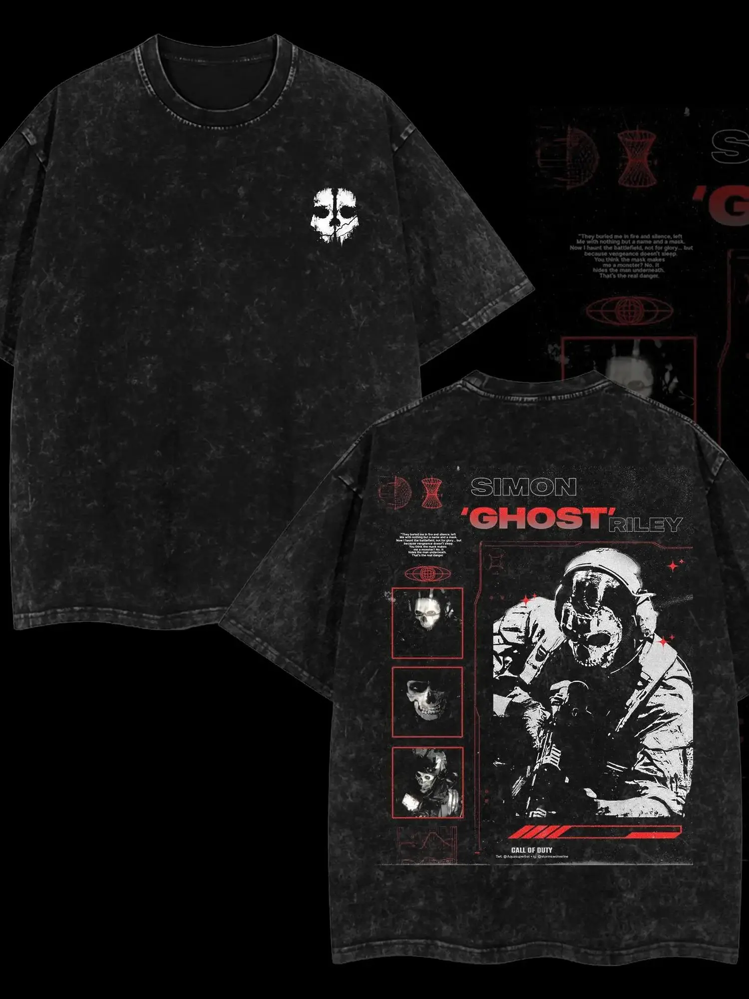 Vintage Acid Washed Ghost COD Double Printed Graphic Tee | Oversized Gaming Shirt for Men | Retro Heavyweight Cotton Streetwear Casual Top
