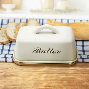 Plexon Off-white Butter Dish with Handle, Covered Butter Dish, Metal Airtight with Lid and Handle, Cute Counter Butter Keeper, Galvanized Steel Butter Counter Holder, Bamboo Butter Tray with Lid