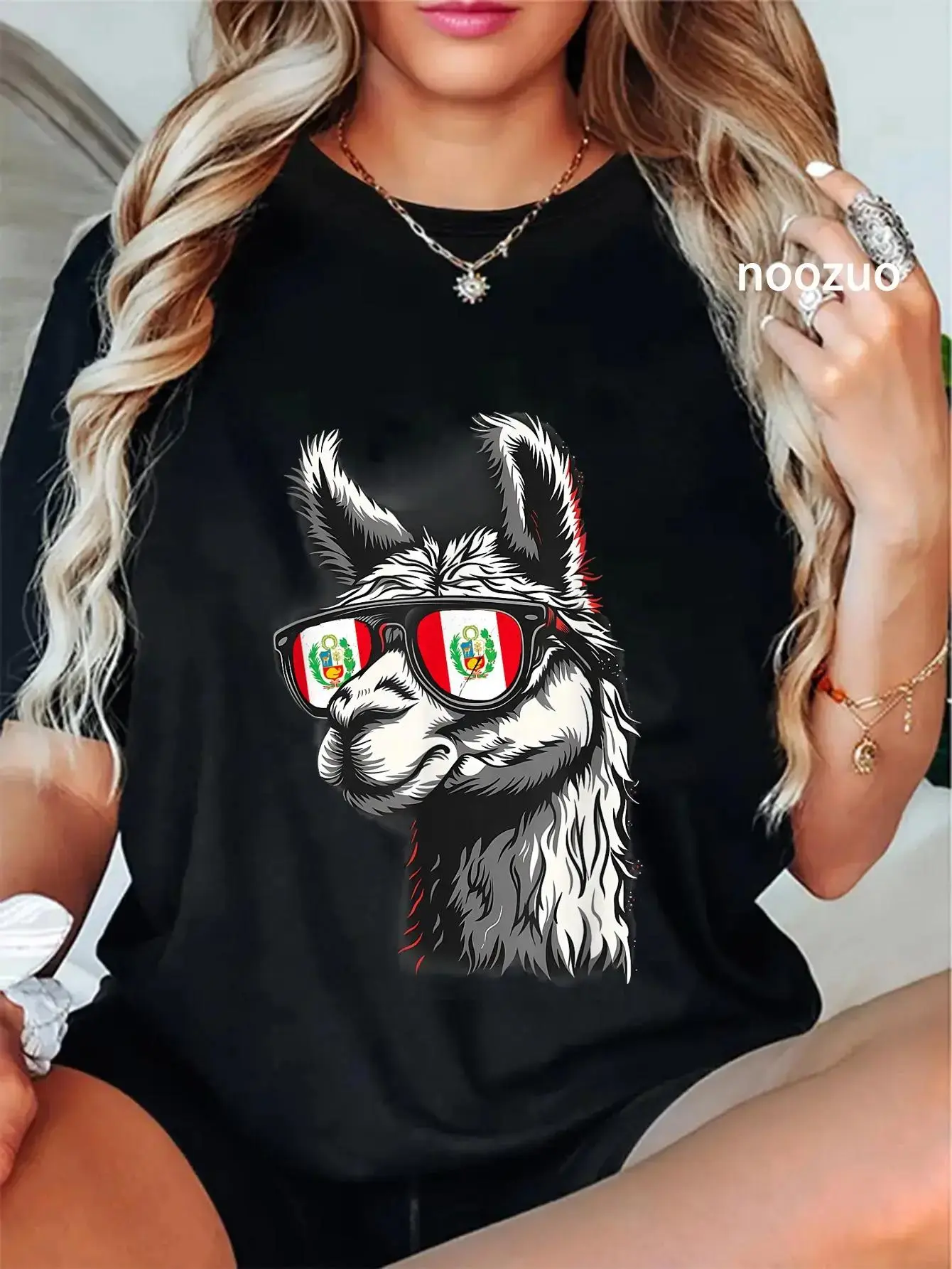Women's 100% Cotton Printed T-Shirt - Unisex Apparel, Peru Alpaca Portrait, Peruvian Flag, Peruvian Pride, Oversized Fabric, Everyday Casual Top, Lady, Round Neck, Tshirt, Streetwear, Check, Digital Print