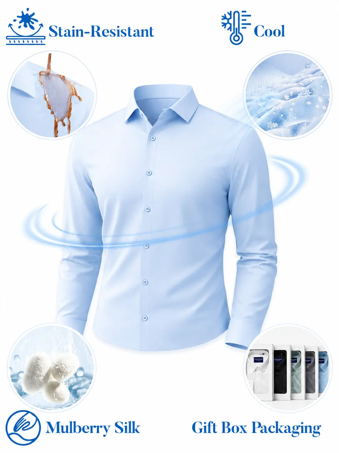 Alimens&Gentle Stain Shield Men's Mulberry Silk Dress Shirt, Long Sleeve Anti-Wrinkle Button Down Daily Men Top