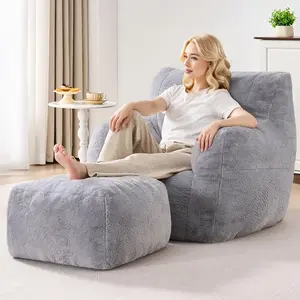 ONBRILL Giant Bean Bag Chairs for Adults with Ottoman, Faux Fur Boneless Chaise Couch Filler with Memory Foam,Large BeanBag Lounge Lazy Floor Sofa Accent Chair for Living Room,Bedroom & Game Rooms