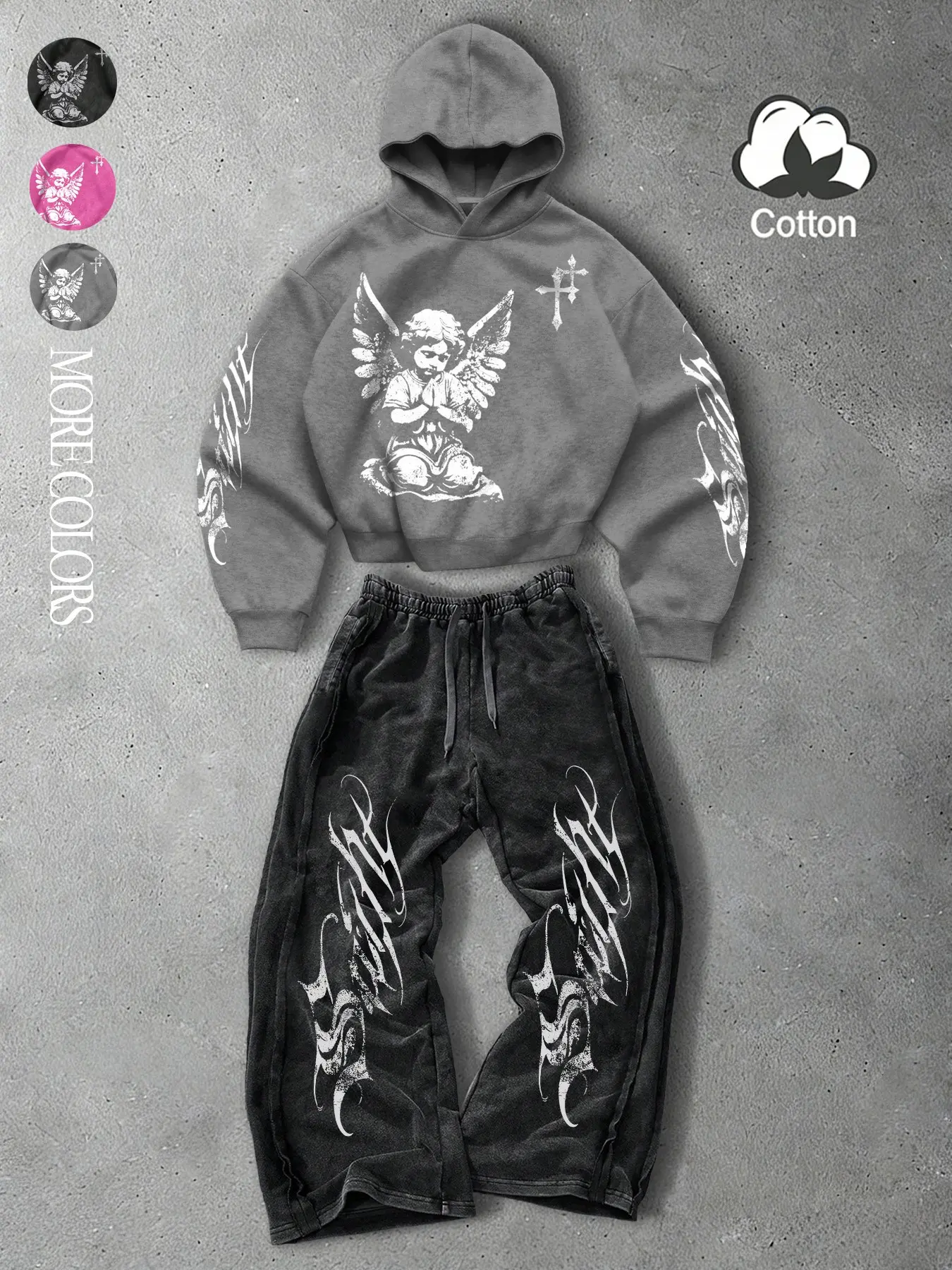 Unisex style, Casual, spring and autumn season, Soft, Long sleeves, cotton-containing hooded sweatshirt and jogger pants set, Prayer angel pattern print, Suitable for streetwear and American retro styles, Y2K