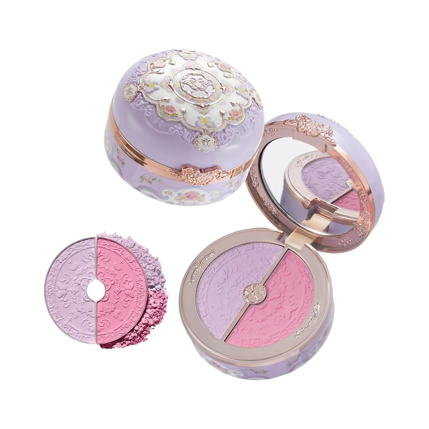 Butterfly Cloud Collar Rouge Box Highlighting & Blush Duo Powder,Purple+Berry Two Tone Matte Blush for Cheeks Bulidable & Blendable,0.21 Oz(04 Fluttering Romance)