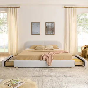 King Size Upholstered Bed Frame with 4 Storage Drawers and Headboard, Modern Minimalist Style - Circle Yarn Fabric, Tall Curved Headboard, Sturdy Leg Support & Wheeled Drawer Storage, Mattress Not Included -Beige