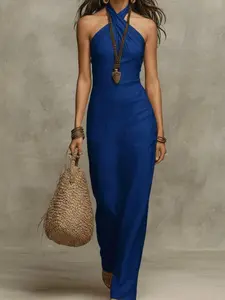 2026 New European and American Style Women's Slim Fit Fashion Chic Solid Color Elegant Sleeveless Halter Dress, Trendy and Stylish, Womenswear