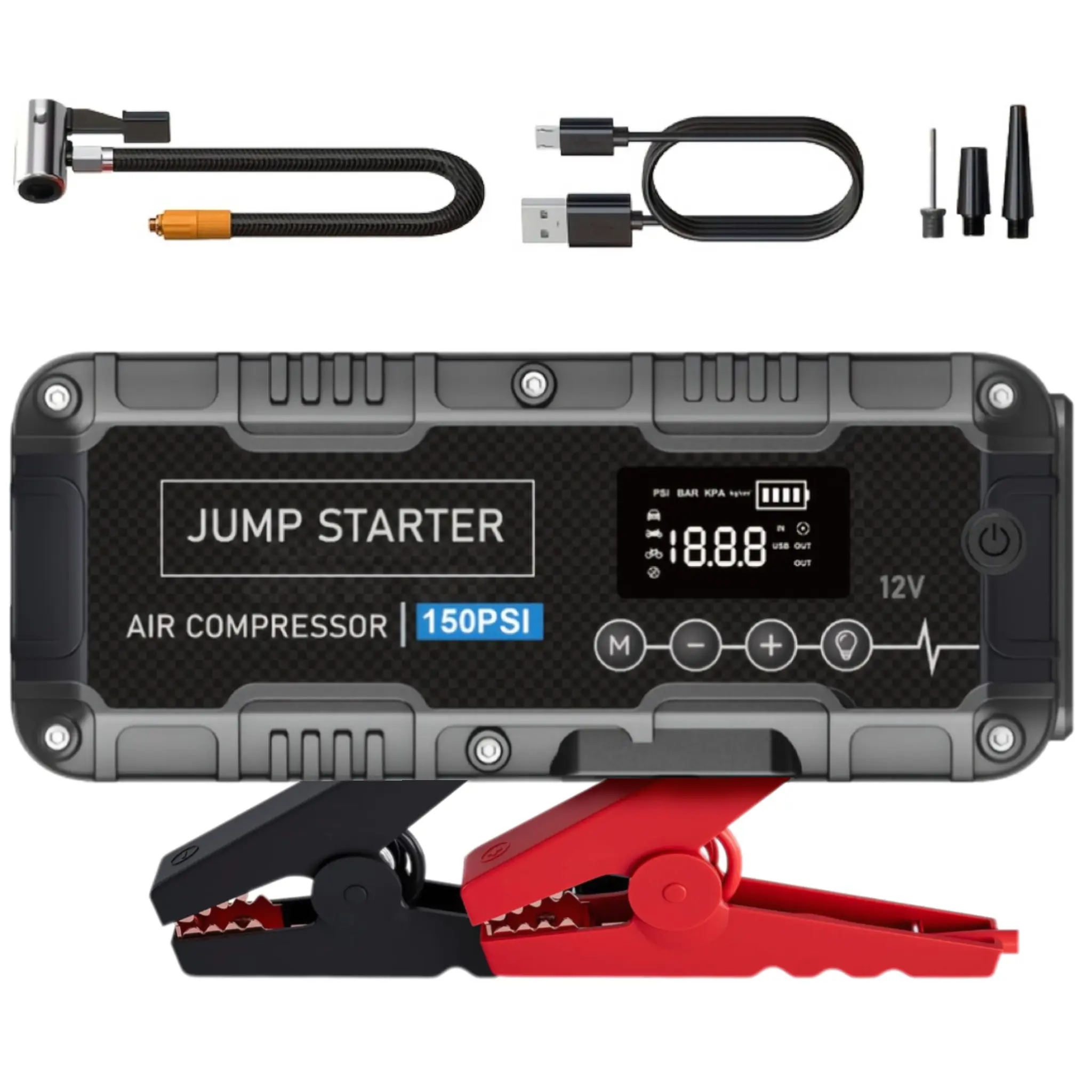 Jump Starter with Air Compressor,ABS Material, USB Rechargeable, for Gas/Diesel Vehicles, Portable with LED Emergency Lighting, Auto Shut-Off, Tire Pressure Detection & Adjustment, Quick Charge