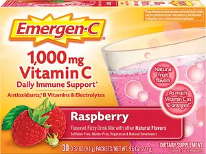 Emergen-C 1000Mg Vitamin C Immune Support Powder Raspberry 30CT with Zinc Manganese 7 B Vitamins & Electrolytes for Optimum Wellness & Natural Fruit Flavor Drink Mix