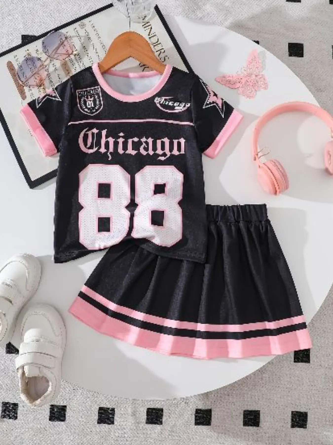Girls' Casual 2-Piece Set, Short Sleeve T-Shirt & Dress, Soft Knit Fabric, Outdoor Wear, All over Print Design, Girl Clothes School, Summer Clothing Set, Summer Outfits Set, Clothes Kids