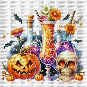 Halloween Magic Party Cross Stitch Kit, 11 Grids DIY Color Embroidery Design, Home Wall Decor Gift, Frameless, 14.17x14.17 Inches