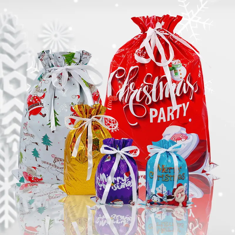 YiimDaifun 15PCS Christmas Drawstring Gift Bags - Assorted Sizes from Small to Jumbo, Ideal for Holiday Wrapping & Decorations Party Favors