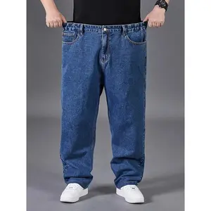2025Men'S Plus Size Straight-Leg Jeans - Loose Fit, Elastic Waist, High-Stretch Denim, baggy pants baggy jeans men