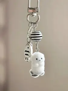 Plush Sea Otter Keychain, Y2K Sweet Cool Cartoon Pendant, Striped Beads + Fish Charm, Soft Cute School Style, Perfect Gift, Keychain Kawaii, Keychain Accessories