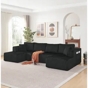 [Mother's Day Gift] Aobtkel 132" U-Shaped Modular Sectional Cloud Couch, Comfy Corduroy Memory Foam Sleeper Sofa with Side Pockets, Modern Minimalist No-Assembly Couches for Living Room, Black
