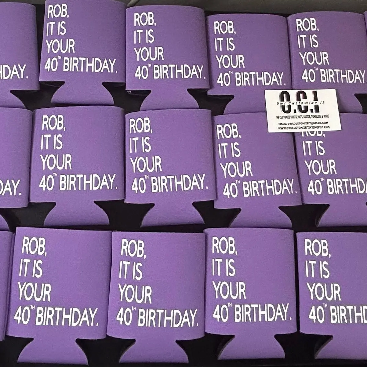 Custom Koozie set of 25 - Personalized Birthday Koozie for Rob, Purple Koozie with 40th Birthday Text, Perfect for Party Favors