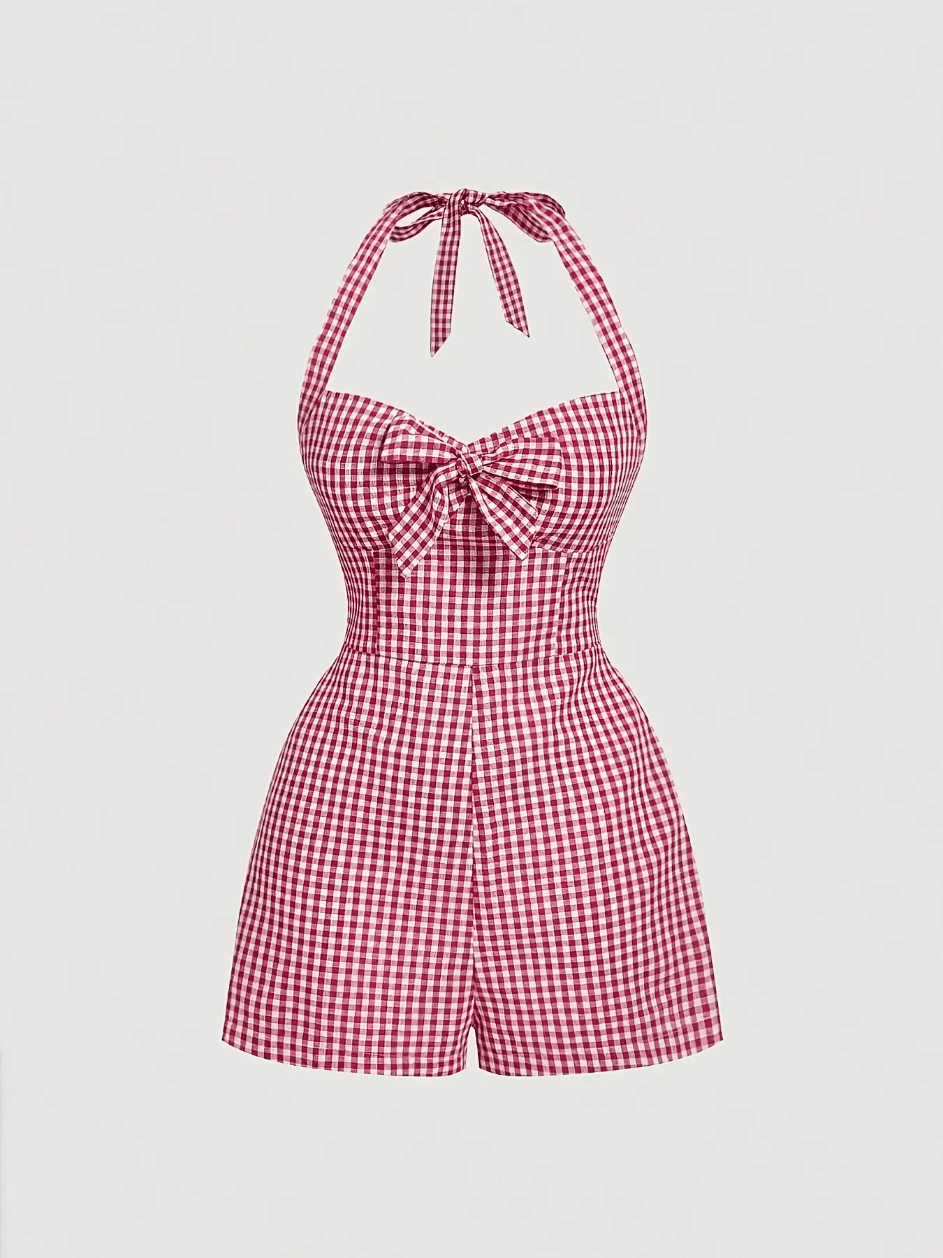 Women's Cute Plaid Halter Neck Tie Front Romper, Chic Overalls, Sleeveless, Casual Summer, High Waist Slim Fit, Sweet Cool Aesthetic Elegant Chic Style, Retro American Vintage, Beachwear