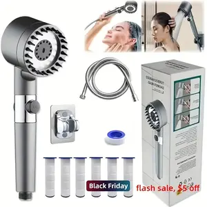 Shower head Stainless steel fixture + 5 filter shower set, with 3 adjustable modes, stainless steel panel and adapter