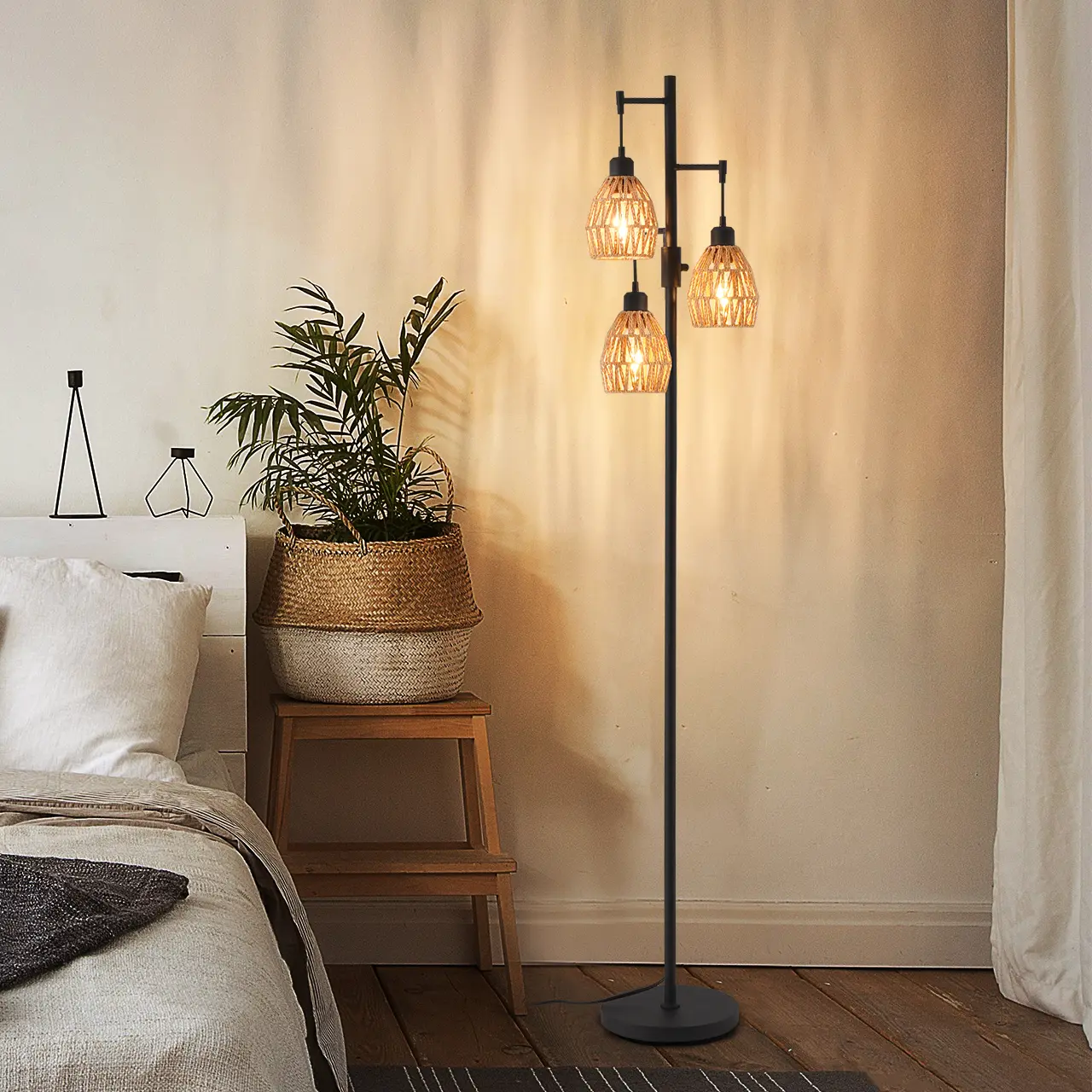 DEMILARE 70" Tall Boho Rattan Lampshade Corded Floor Lamp - 3x9W 900LM LEDs, Adjustable Brightness, Pedal Switch, Ambient Glow, Modern Indoor Use Lights, Aesthetic Home Decor for Bedroom, Living Room, Boho Lamp,home makeover,back to school shopping