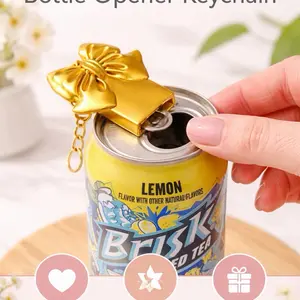 Cute Bow Bottle Opener Keychain – Gold Ribbon Keychain, Mini Can Opener, Cute Gift for Women, Stylish Keyring Accessory