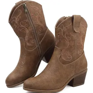 Womens Western Short Cowboy Boots, Cowgirl Ankle Boots with Embroidered Design and Side Zipper