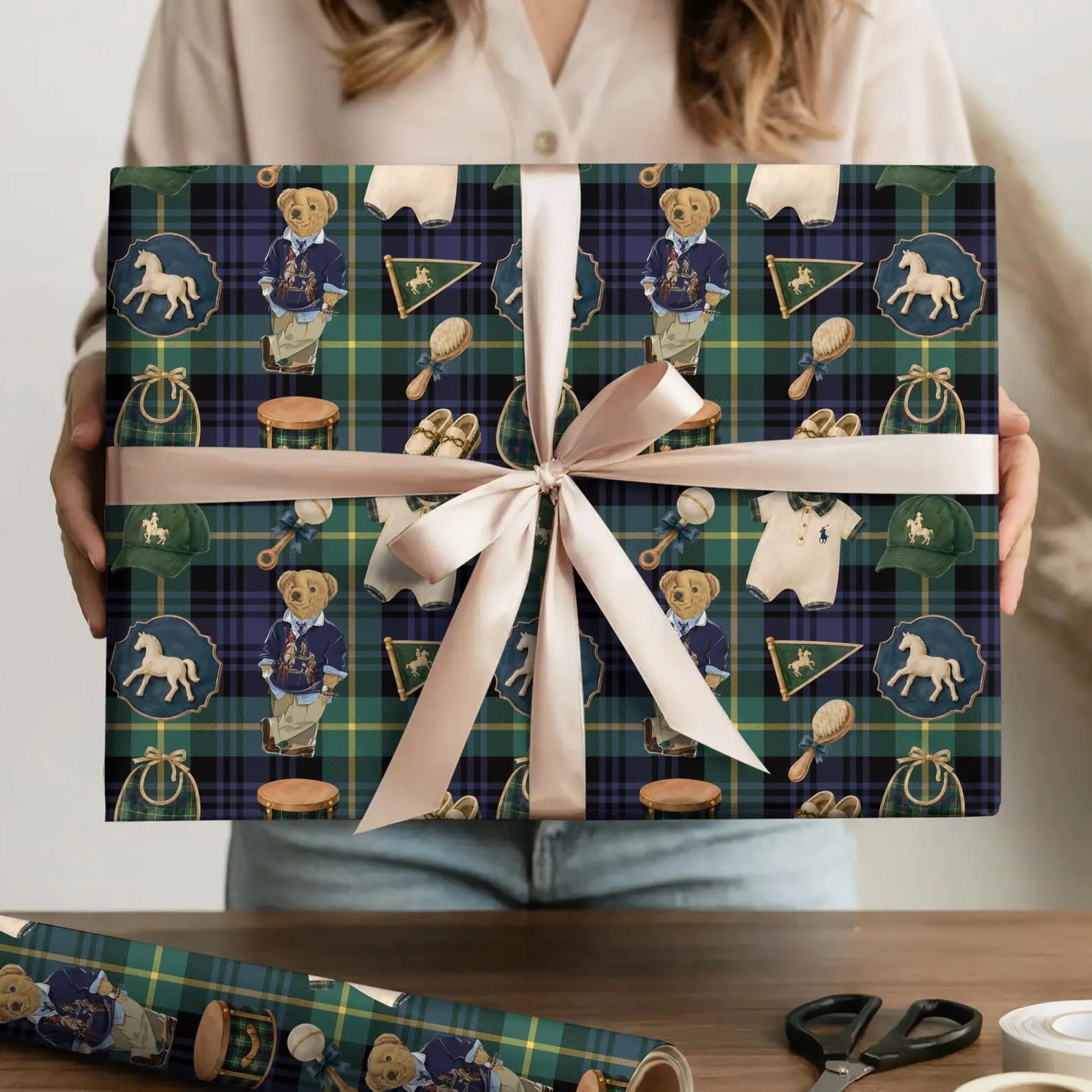 Preppy Plaid Teddy Bear Wrapping Paper, Navy Tartan Baby Shower Gift Wrap, Classic Boy Birthday and Christmas Paper
