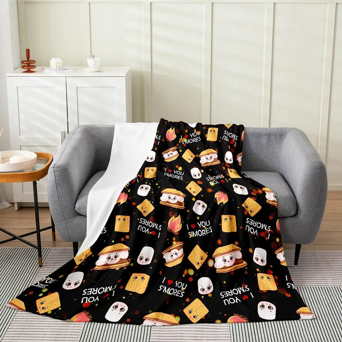 Feelyou Marshmallow Blanket Throw - 40"Lx50"W Edge-Stitched Fluff Warm Ultra-Plush Fleece Blanket, Vivid S'Mores & Cookie Patterned Plush Throw, for Sofa Couch, Camping Bed, Fluff Throws, Warm Fleece Throws