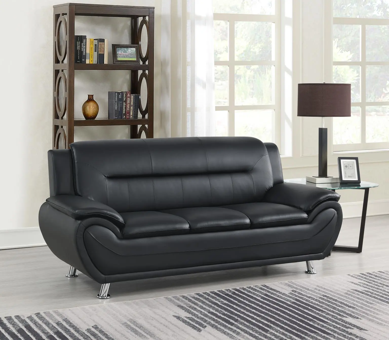 Black Leather Sofa - Indoor Living Room Furniture, Comfortable Home Seating