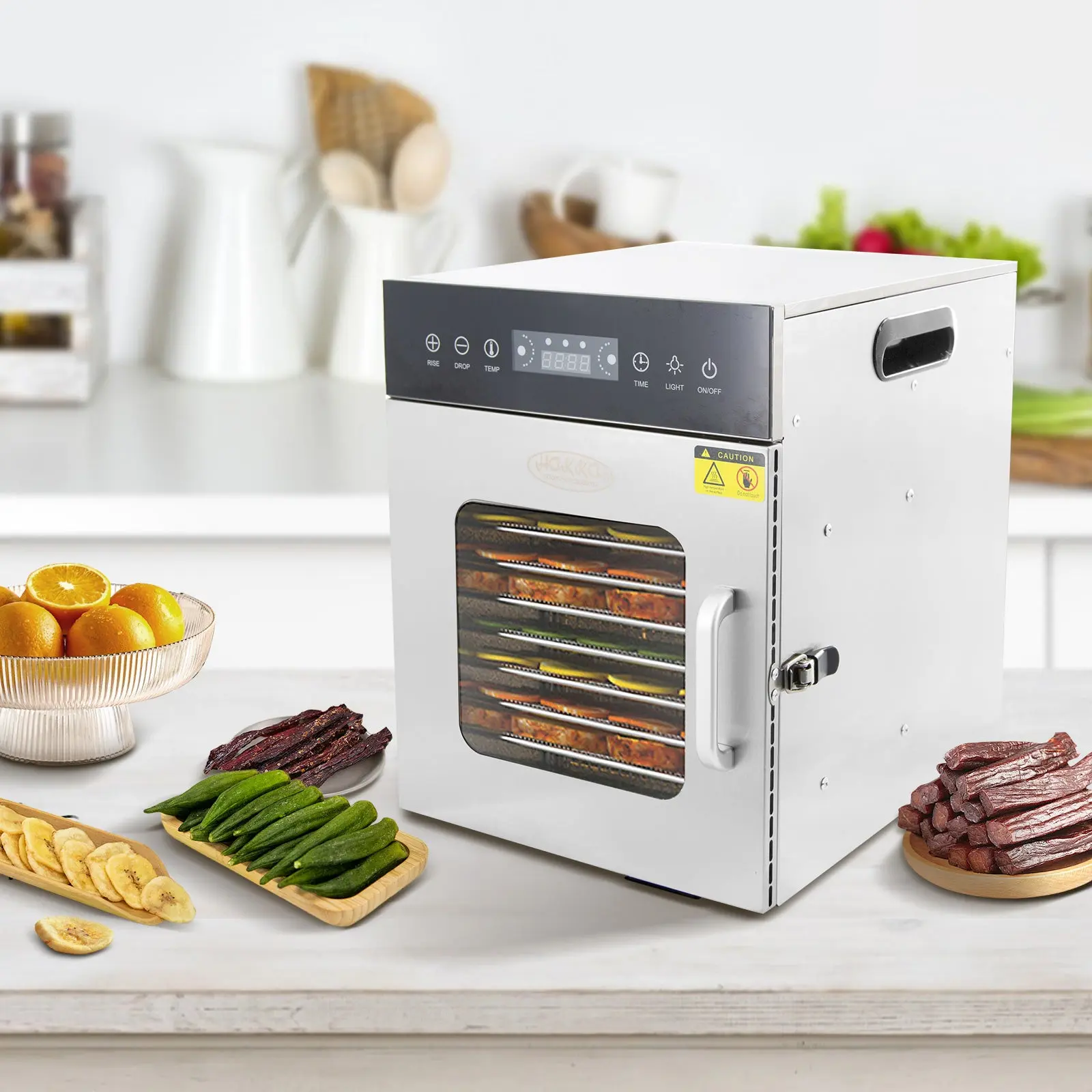 Hakka 10-Trays Stainless Steel Food Dehydrator with Blower, Digital LED Display, 24-Hour Timer, Polypropylene Parts, Easy Cleaning, Ideal for Meat Jerky Making, Commercial Kitchens Use, 17.72x16.73x13.98 Inches, Includes Dehydration Guide