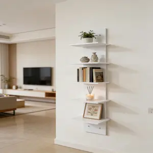 5-layer white PVC wall shelf - Heavy duty floating shelf, Wall mountable, no assembly required, self-adhesive installation, space-saving vertical storage unit, suitable for books, plants, artwork - Modern minimalist style decor, multi-functional plastic