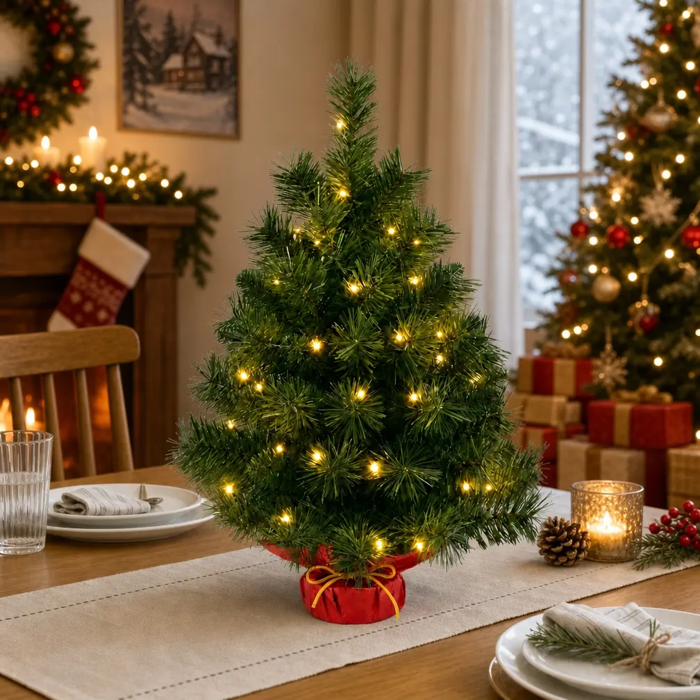 2FT Pre-Lit Artificial Mini Christmas Tree - 50 LED Lights, Easy-Setup Contemporary Art Deco Tabletop Decor for Small Spaces (Home & Office Home Supplies), Childrens Day