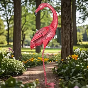 Garden Statues Flamingo Sculptures Metal Yard Art, Pink Bird Art Outdoor Backyard Decor Patio Lawn Porch Ornament Flamingo Yard Decoration (Red with Gold)
