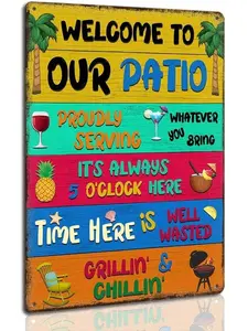 Vintage Metal Sign 12x8 Welcome To Our Patio Unique Bold Designs for Outdoor BBQ Party Housewarming Gift Metal Tin Decorative with Bold Recipes & Fun Slogan