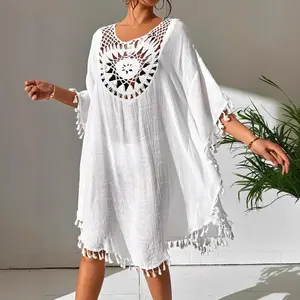 Boho Crochet Tassel Caftan Dress - Oversized Sheer Beach Cover Up for Summer Vacation,#ResortWear & Casual Beach Outfits,Sexy cut-out loose fringed beach skirt, paired with a bikini-style Ins-inspired beach cover-up top