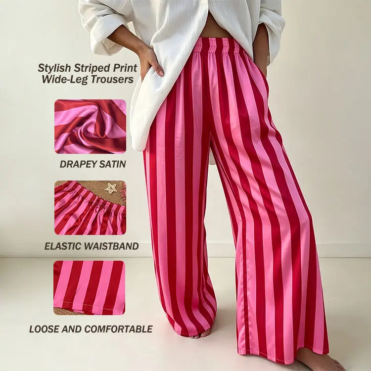 Women's Lightweight Pink Striped Print Casual Wide-Leg Trousers, Lady's Everyday Top & Bottom Essential, Loose