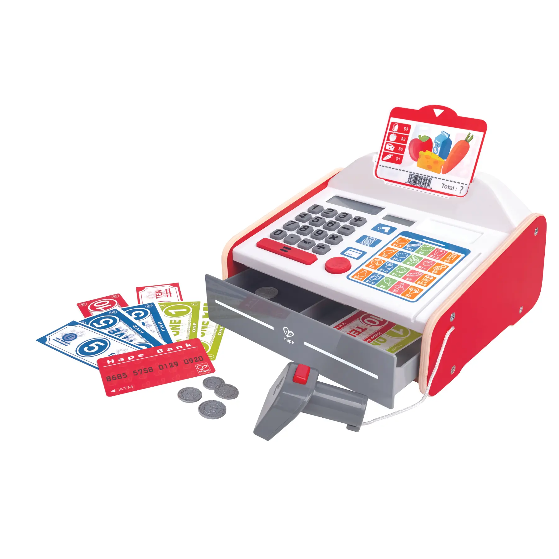 Hape Beep 'n' Buy Solar Powered Cash Register Playset - ASTM F968 Educational Pretend Play Toy for 3-4 Years Kids, with Coins, Calculator, Groceries, Paper Money, Light and Sound Effects, Choking Hazard - Small Parts, 9.06x8.27x5.51 Inches, 2.49 lb