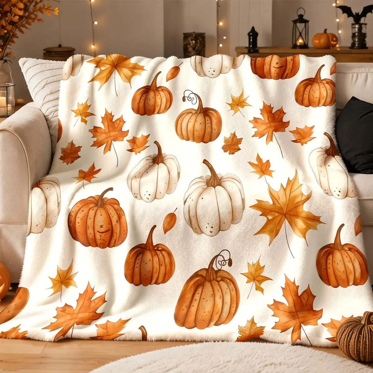 Watercolor Fall Pumpkin & Maple Leaf Flannel Blanket - Soft Cozy Warm Fuzzy Plush Throw, Perfect Holiday Gift for Women, Farmhouse Bedroom Sofa Couch Decor