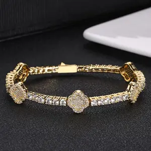 Luxury Men's Bracelet - Hip Hop Clover Pendant with CZ Stones on Tennis Chain, Trendy Hand Accessory