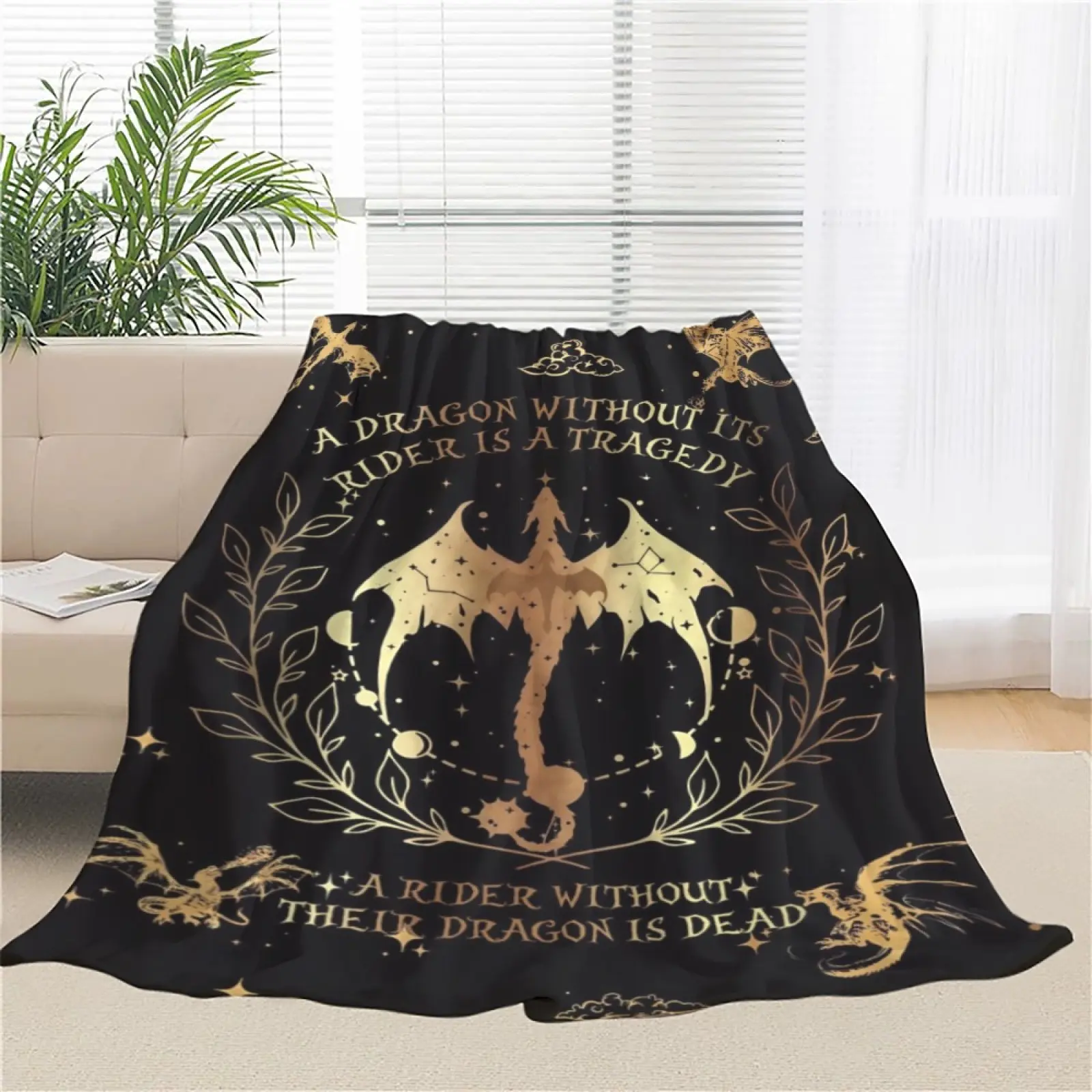 Fourth Wing Dragon Rider Quote Flannel Blanket, Soft Plush Throw with "A Dragon Without Its Rider" Quote & Golden Dragon Design, Warm Cozy Nap Blanket for Bedroom, Couch, Travel, Breathable Comfortable Blanket, Fantasy Decorative Home Blanket, Giftable Bl