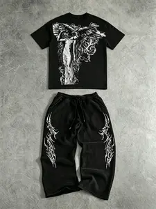 Oversized Short Sleeve + Sweatpants Set, High Street Hip-Hop Style, Trendy Two-Piece, Casual Wear for All Seasons
