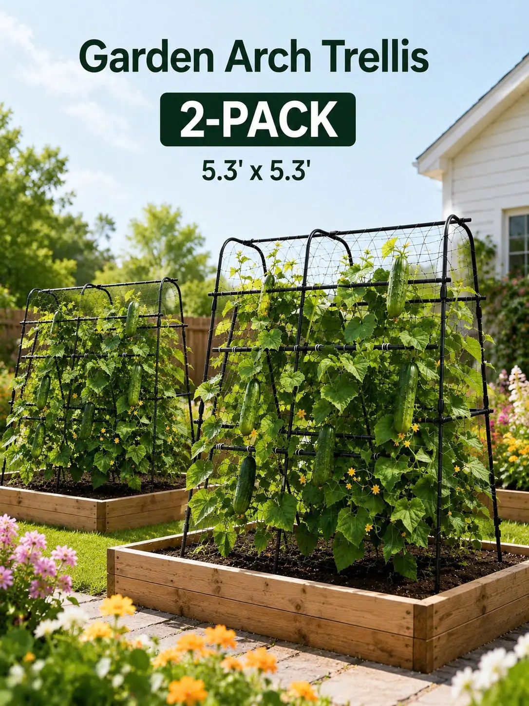 [2-PACK] Outdoor Coated Steel Garden Arch Trellis, 5.3x5.3 FT U-Shaped Raised Bed Trellis for Vertical Grow, Support Vines, Cucumbers, Roses