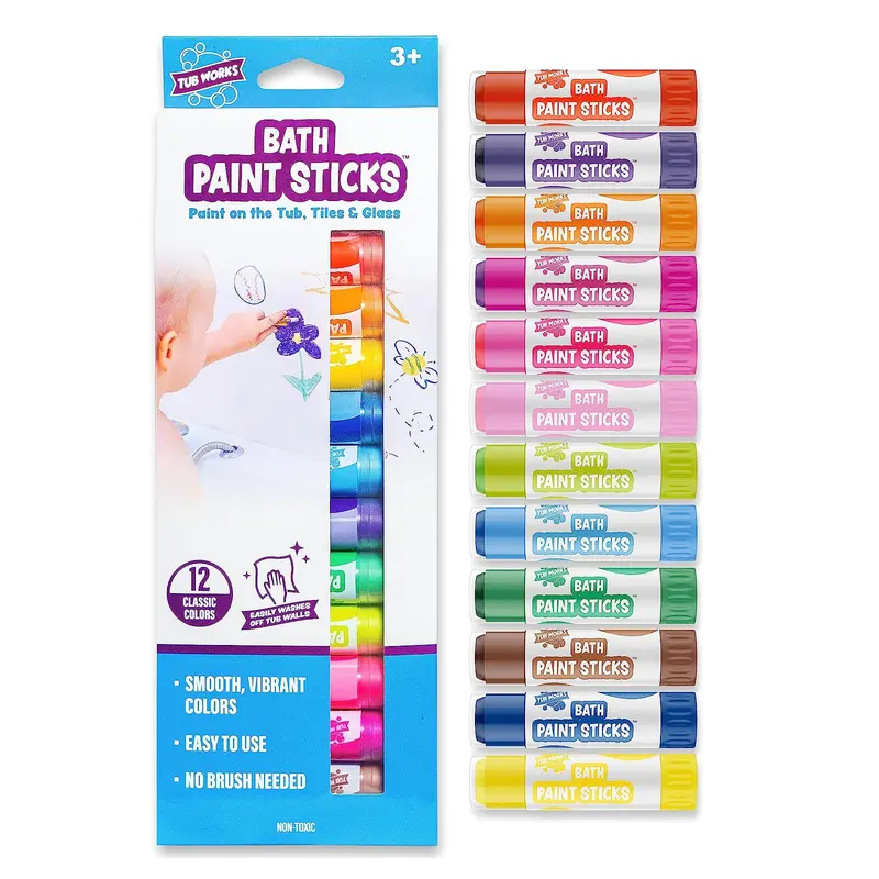 Tub Works Bath Paint Sticks 12-Pack - Classic, Non-Toxic, Phthalate-Free, Washable Twistable Solid Sticks for Small-Hand Grip, Unisex 3+ Years Kids Toys, Creative Craft Kit, Christmas Gifts, Stocking Stuffers with Fast Wash-Off Tub Wall Drawing