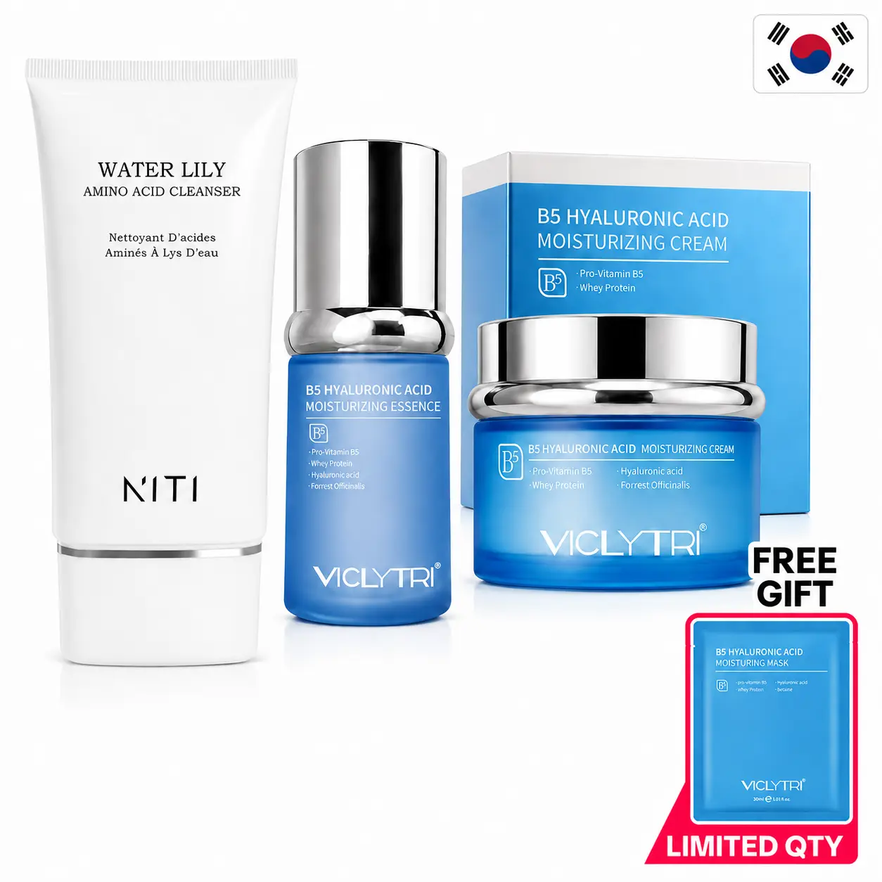 AORA NITI & VICLYTRI 3-Step Hydrating Cosmetic Skincare Set - Daily Cleansing Amino Acid Cleanser, Hydration Boost Hyaluronic Acid B5 Essence, Moisturizing Moisturizer, Sheet Mask