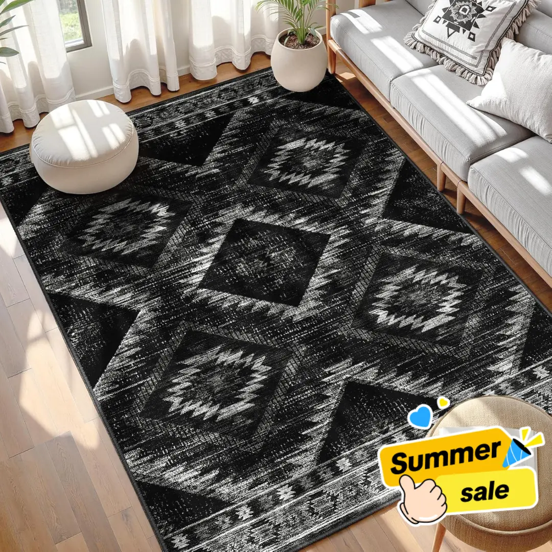 Back To School | BESTSWEETIE Western Boho Washable Area Rugs 8x10 For Living Room,Bedroom - Soft Faux Wool Distressed Aztec Rug, Rustic Farmhouse Home Decor, Non-Slip Tpr Backing Low Pile Carpet, Easy Care Checkered Hallway Runner Rug