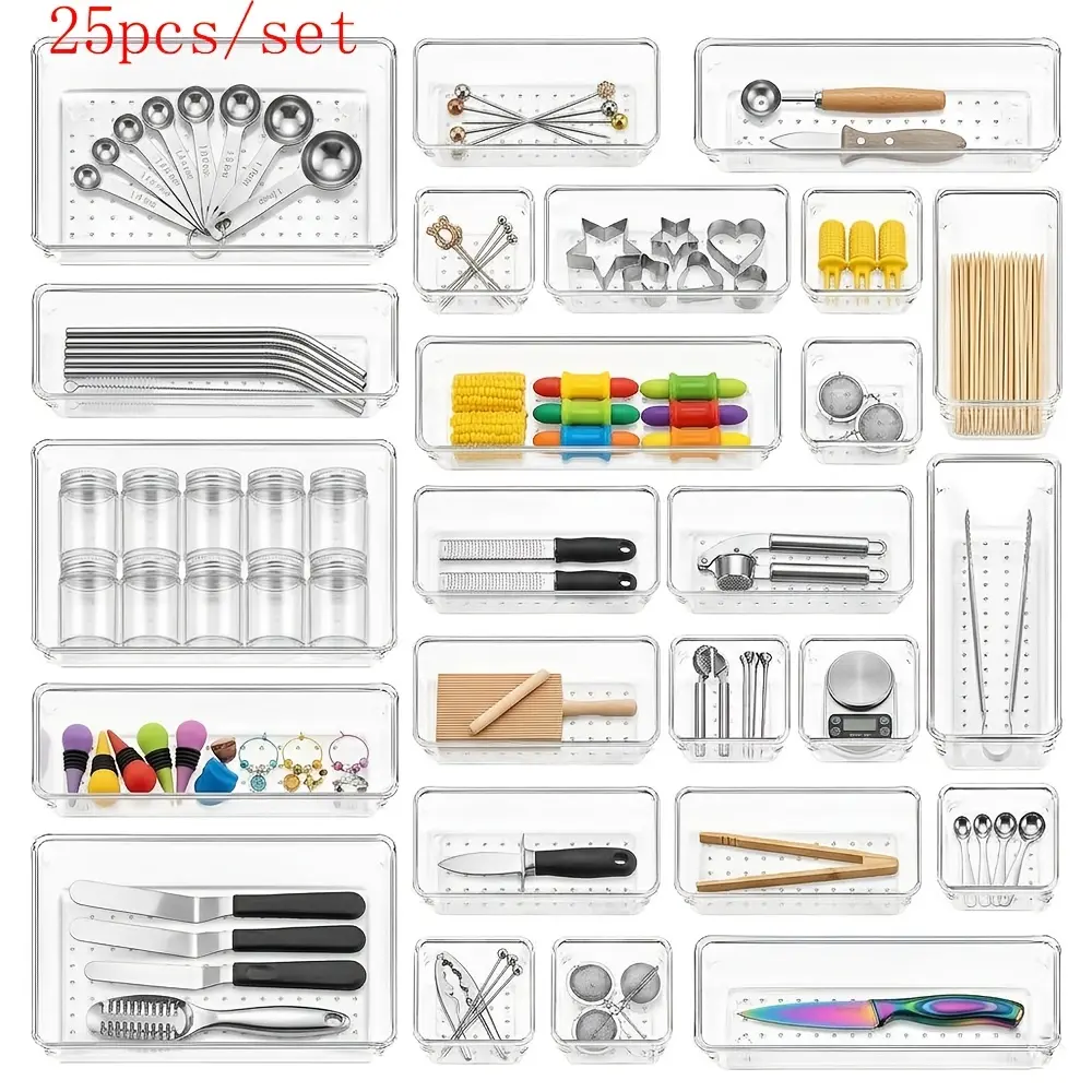 25pcs Clear Drawer Organizer Set Plastic Flatware Organizers Silverware Tray For DrawerUtensil Kitchen Drawer Organizer Silverware Organizer For Kitchen Appliances Small ToolsGadgets Non-Slip Storage Trays Desk Makeup Vanity Storage Bins